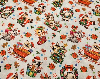 Kitties Christmas fabric, priced by the yard, 100% cotton