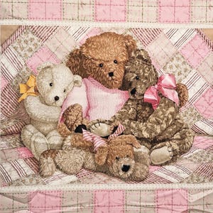 Teddy Bear Girls baby quilt fabric panel is 100% cotton and sold by the panel