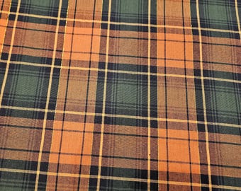 Orange and Green Plaid Metallic Fall fabric, priced by the yard, 99% cotton