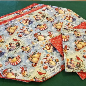 Snowman Glitter Reversible Christmas Placemat and Potholder Set (4 and 2) 100% cotton