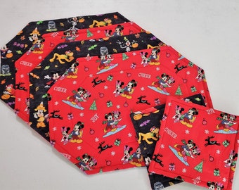 Disney Mickey and Friends Reversible Christmas and Halloween Placemat and Potholder Set 4 and 2