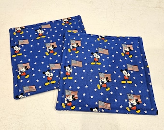 mickey mouse patriotic USA flag on blue potholders, set of 2