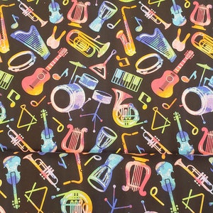 Rainbow musical instruments material by the yard 100% cotton fabric