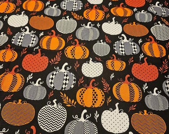 Halloween pumpkin variety on black background material is (1 Yard pre cut), 100% cotton