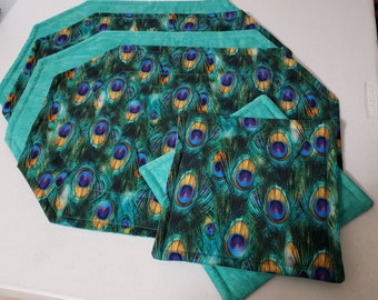 Peacock Reversible Teal Placemat and Potholder Set of 4 and 2