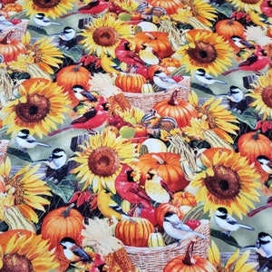 Autumn Sunflower Pumpkin Scene Material is sold by the yard and is 100% cotton fabric
