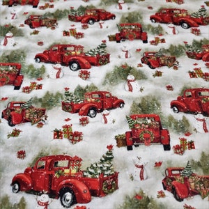 Christmas Truck material is sold by the Yard and is 100% cotton fabric