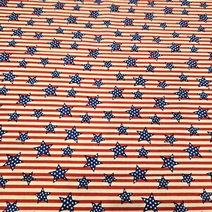 May include: A fabric pattern featuring horizontal red and off-white stripes overlaid with a repeating design of small, five-pointed navy blue stars. The stars are evenly distributed across the striped background, creating a consistent graphic print.