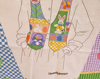 May include: A white fabric panel with a colorful patchwork design featuring bunnies, flowers, and eggs. The panel is labeled "DreamSpinners" and includes instructions for "Right Vest Front" and "Left Vest Front".