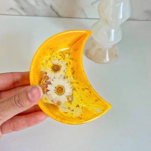Handmade yellow  Crescent Moon Trinket Dish, Vanity Tray, Catch All Tray, Bright Tray, Moon Decor, Ring Dish, Trinket Tray, Flower Summer