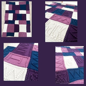 May include: A crocheted blanket with a patchwork design in shades of purple, white, and blue. The blanket is made up of squares with different textures and patterns.