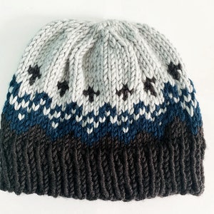 May include: A knitted beanie hat in shades of gray, navy blue, and black. The hat features a star pattern in dark gray and white. The bottom of the hat is a ribbed knit in black.