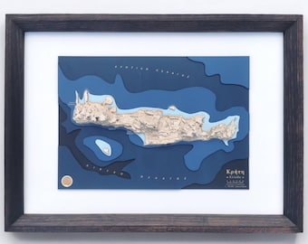 Crete Island Greece Wood Map, Psiloritis Lefka Ori Dikti Mountains Relief, Handmade Contour Art, Hiking Gift Decor