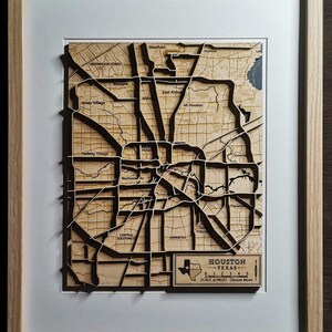 Arredamento minimalista di Houston / Mappa del Texas con cornice in legno / Arte tagliata al laser