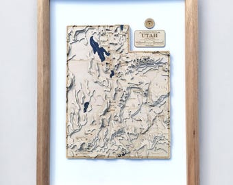 Utah State Wood Map, Wasatch Range Zion Canyonlands Lake Powell Relief, Framed Contour Wall Art, Park Gift Decor