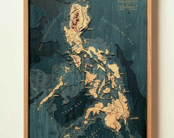 Philippines 3D Wood Map, Apo Pulag Mayon Volcano Relief, Handmade Laser Cut Contour Art, Travel Gift Decor