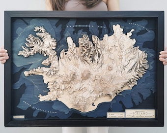 Iceland Wooden Map 3D Topographic Wall Art Framed