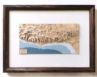 Wood Map Art, Santa Monica Mountains California 3D Topographic Wall Art, Framed Laser Cut Relief Map, Hiking Gift