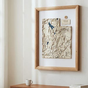 3D Wooden Utah Map Wall Art, Framed Topographic Landscape