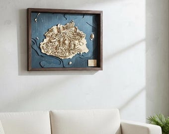 Fiji 3D Wooden Map Art | Topographic Framed Wall Decor | 5 Year Anniversary