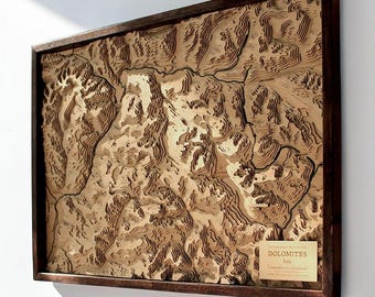 Dolomites Italy Wood Map, Tre Cime Marmolada Sassolungo Relief, Handmade Laser Cut Contour Art, Hiking Gift Decor