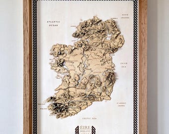 3D Wooden Topographic Map of Ireland, Laser Cut Framed Relief Wall Art for Heritage Family and Travel Gift