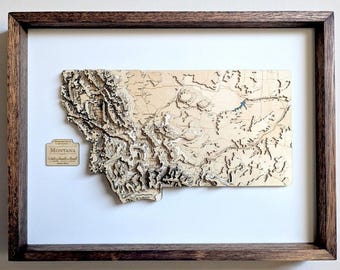 Montana State 3D Wooden Map, Glacier National Park Beartooth Granite Peak Relief, Framed Contour Art, Cabin Gift