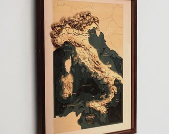 3D Wooden Map of Italy, Framed Topographic Relief Wall Art, Gift