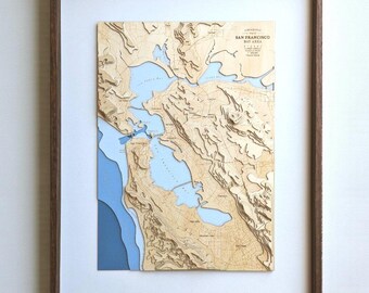 Wooden Travel Map, San Francisco Bay Area 3D Topographic Wood Art, Framed Laser Cut Relief Map, Home Decor Gift