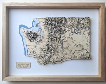 Washington State Wood Map, Mount Rainier Olympics North Cascades Relief, Framed Contour Wall Art, Cabin Gift Decor