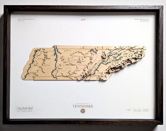 Tennessee State Wood Map, Great Smoky Mountains Cumberland Plateau Relief, Framed Contour Wall Art, Park Gift Decor