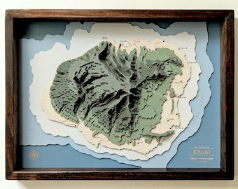 Kauai 3D Wooden Map, Hawaii Waimea Canyon Na Pali Coast Kalalau Relief, Framed Contour Art, Honeymoon Gift Decor