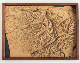 Olympic National Park Wood Map, Mount Olympus Deception Hurricane Ridge Relief, Framed Contour Art, Hiking Gift
