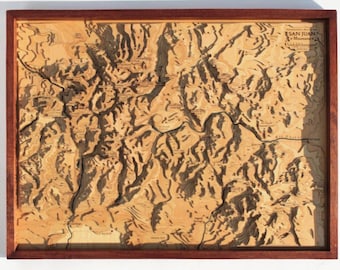 San Juan Mountains 3D Wooden Map, Colorado Sneffels Uncompahgre Relief, Framed Contour Wall Art, Cabin Decor Gift
