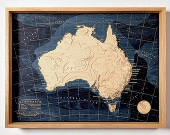 Australia Continent Map, Great Dividing Kosciuszko Uluru Relief, Handmade Laser Cut Wall Piece, Travel Gift Decor