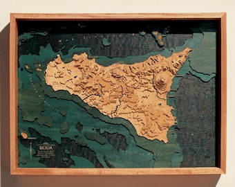 Sicily Italy Wood Map, Mount Etna Carbonara Monte Soro Relief, Handmade Laser Cut Contour Art, Travel Gift Decor