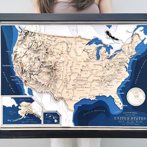 USA Map Art Geschenk aus Holz Topographische 3D-Karte