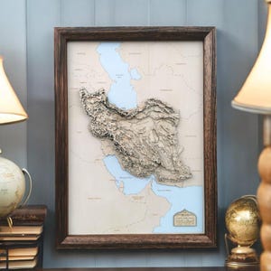 Iran 3D Map Art | Persische Geschenke | Hölzerne gerahmte topographische Konturkarte | Teheran Reisegeschenk | Alborz Berge Wandern