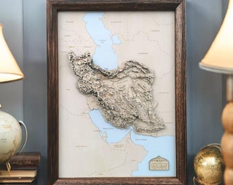 Iran 3D Wooden Topographic Map | Framed Persian Art