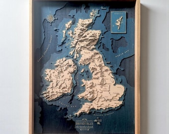 Großbritaniens Topographische Karte aus Holz - 3D Laser geschnitten UK Wandbehang, Konturkarte der britischen Inseln, einzigartiges Geschenk für Reisende