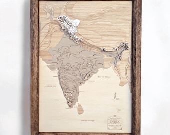 India 3D Wooden Topographic Map: Carved Travel Art