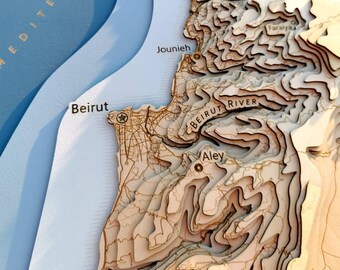 Reiscadeau Libanon | Nationale 3D-gelaagde kaart | Houten kaartkunstdecoratie