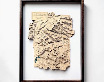 Laser Cut Wood Map, Rocky Mountain National Park Longs Peak Bear Lake Relief, Framed 3D Contour Art, Trail Gift