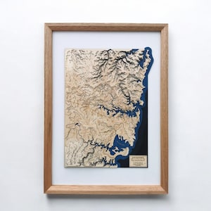 Mappa topografica 3D di Sydney / Mappa artistica con cornice in legno intagliata / Regalo unico del Nuovo Galles del Sud