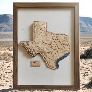 Mapa topográfico de Texas enmarcado en madera, regalo único en 3D