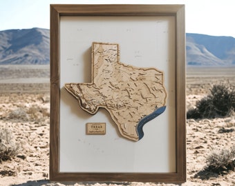 Texas Wooden Topographic Framed Map Unique 3D Gift