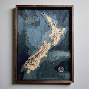 3D Wooden Topographic Map of New Zealand, Laser Cut Framed Relief Wall Art Nature Travel Decor Gift