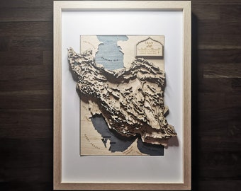 Iran Map Art Wooden Topographic Framed