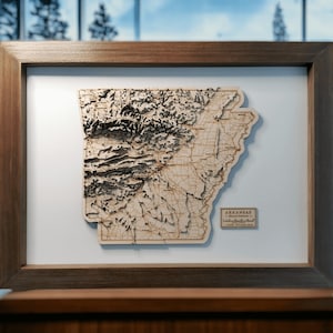 Art mural topographique 3D en bois, carte de l'état de l'Arkansas, encadré