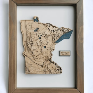 Mapa do estado de Minnesota em madeira 3D arte de parede topográfica emoldurada